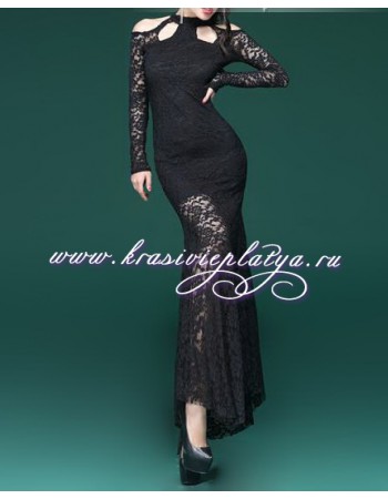 Длинное гипюровое черное платье с длинными рукавами