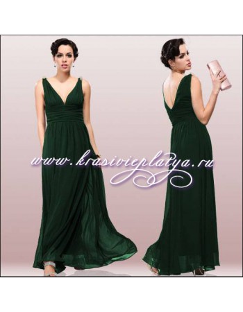 Элегантное зеленое шифоновое платье с украшением на плечах