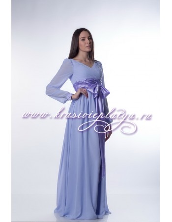 Нежно-сиреневое шифоновое платье с длинными рукавами и поясом
